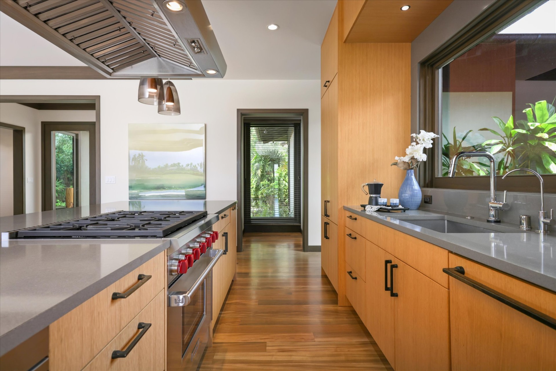 Open chef's kitchen with golf course view