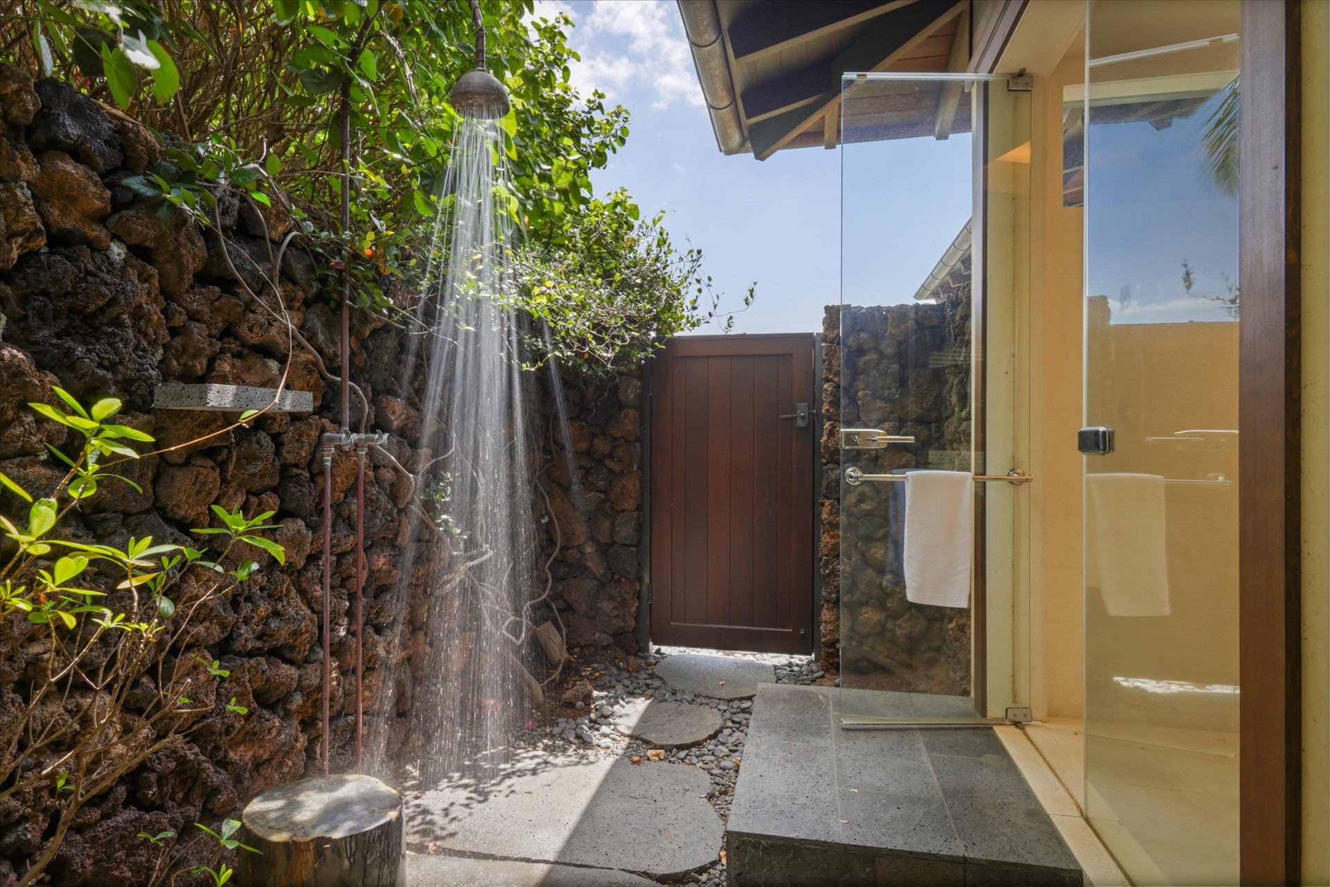 Outdoor lava-rock shower